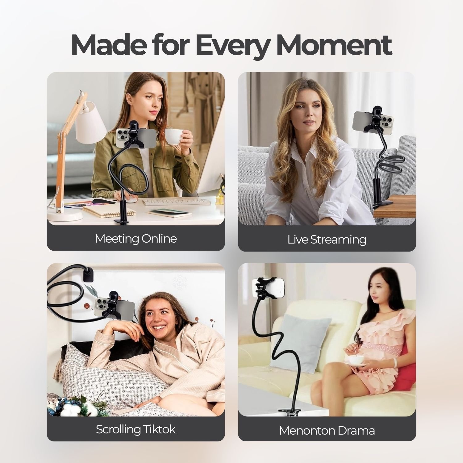 TaffSTUDIO Lazypod Tripod Holder HP Tablet Clamp Universal Tripod-8-1, Phone Stand Jepitan dengan Gooseneck Fleksibel 57cm, Putar 360 Derajat, Penjepit Meja Tempat Tidur Mobil, Support Beban 750g - Gambar 3