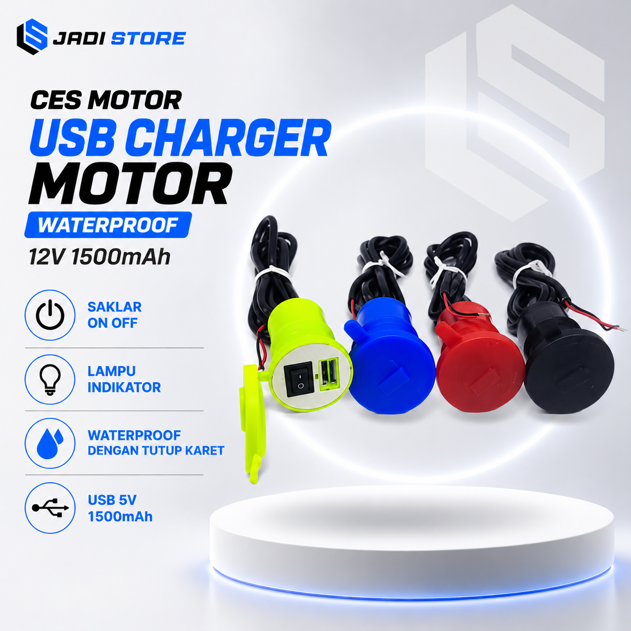 CES Motor USB Charger Motor Waterproof 12V 1500mAh dengan Saklar On Off, Lampu Indikator dan Tutup Karet, Cas HP di Motor untuk Touring, Kurir, Ojek Online Gojek Grab, Pemasangan ke Aki Motor, USB Charger Universal - Gambar 2