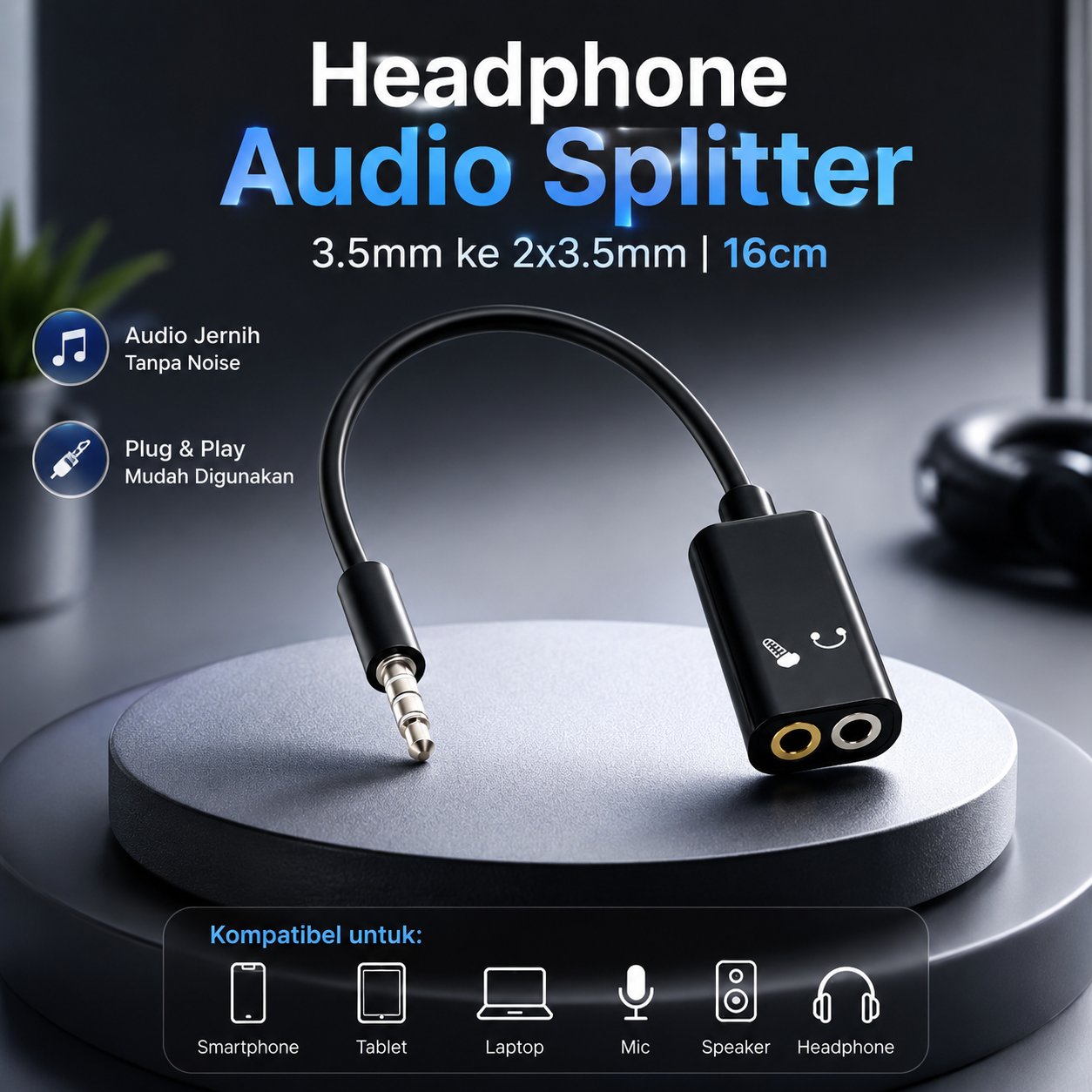 Taffware Kabel Audio Splitter 3.5mm Male ke 2x3.5mm Female FA297 16cm Adapter Headphone Mic Headset 2 in 1 Gold Plated untuk Laptop PC Smartphone HP Tablet Port Audio Jack Audio dan Microphone - Gambar 2