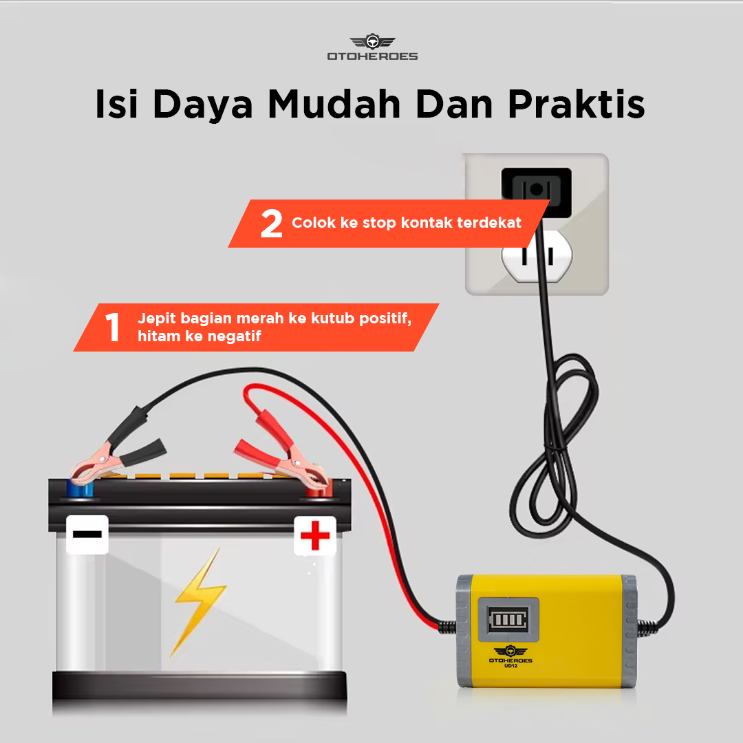 OTOHEROES Charger Aki Mobil Motor Portable 12V 2A Intelligent Battery Charger Alat Cas Aki Kering Basah Otomatis UD12 Pemelihara Baterai Kendaraan Maintenance Charger Proteksi Konslet Aman Praktis Awet Alat Perkakas Otomotif Emergency Kit Aki Tekor - Gambar 7