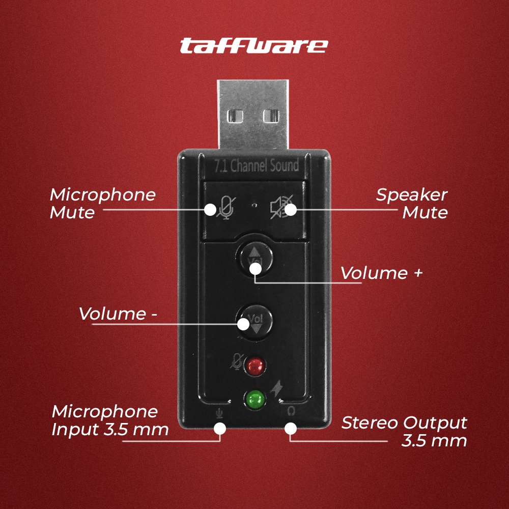 Taffware TC-03 Sound Card USB External 7.1 Channel Adapter Audio USB 2.0 3.5mm Mic Speaker Jack C-Media CM108 Plug and Play Portable dengan Volume Mute untuk PC Komputer Laptop Notebook Headset Earphone - Gambar 7