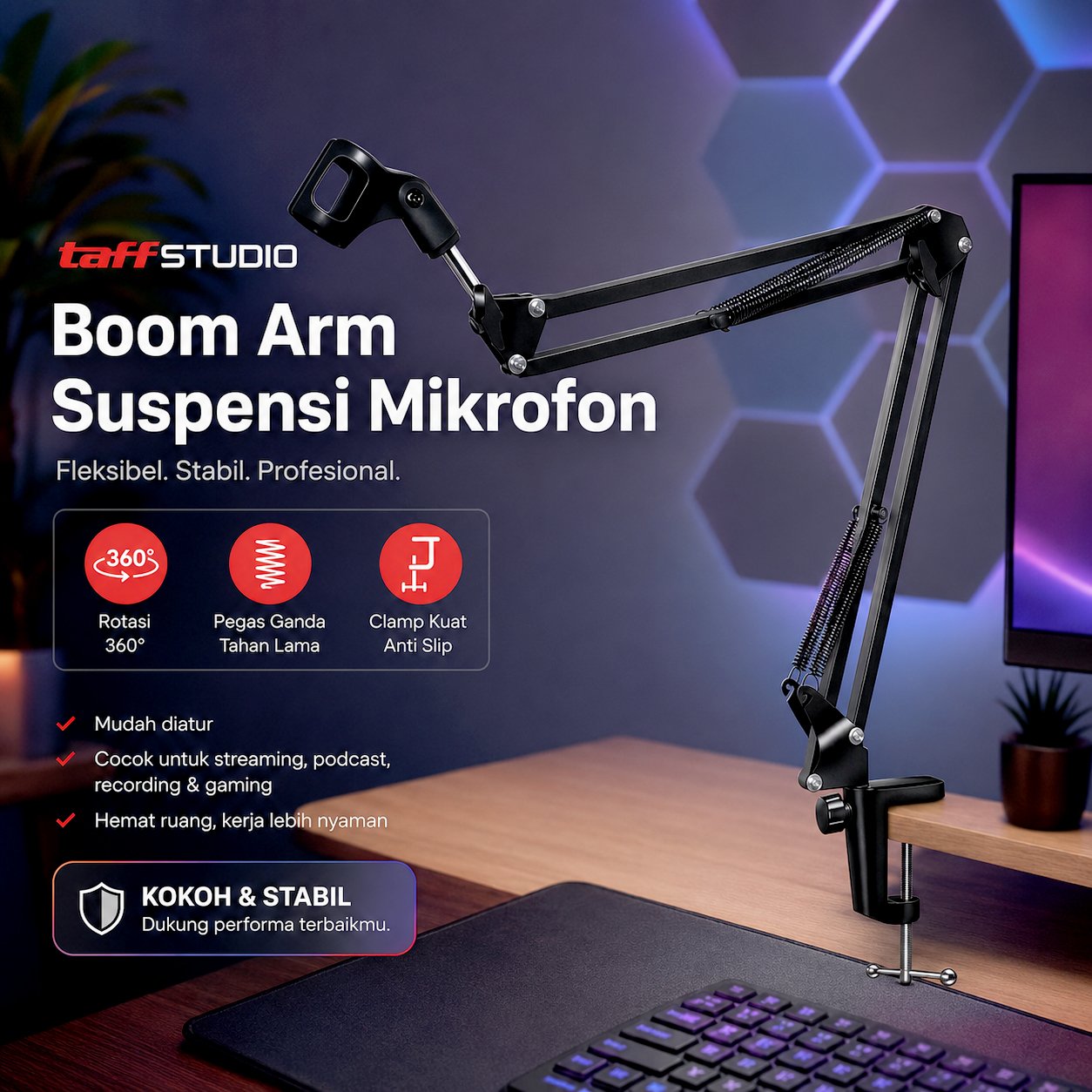 TaffSTUDIO NB-35 Stand Mikrofon Boom Arm Suspensi Scissor Desk Clamp Adjustable Microphone Holder Dual Metal Arm Lipat Kokoh Penyangga Mic Meja untuk Recording Vokal Podcast Streaming Karaoke Studio - Gambar 6