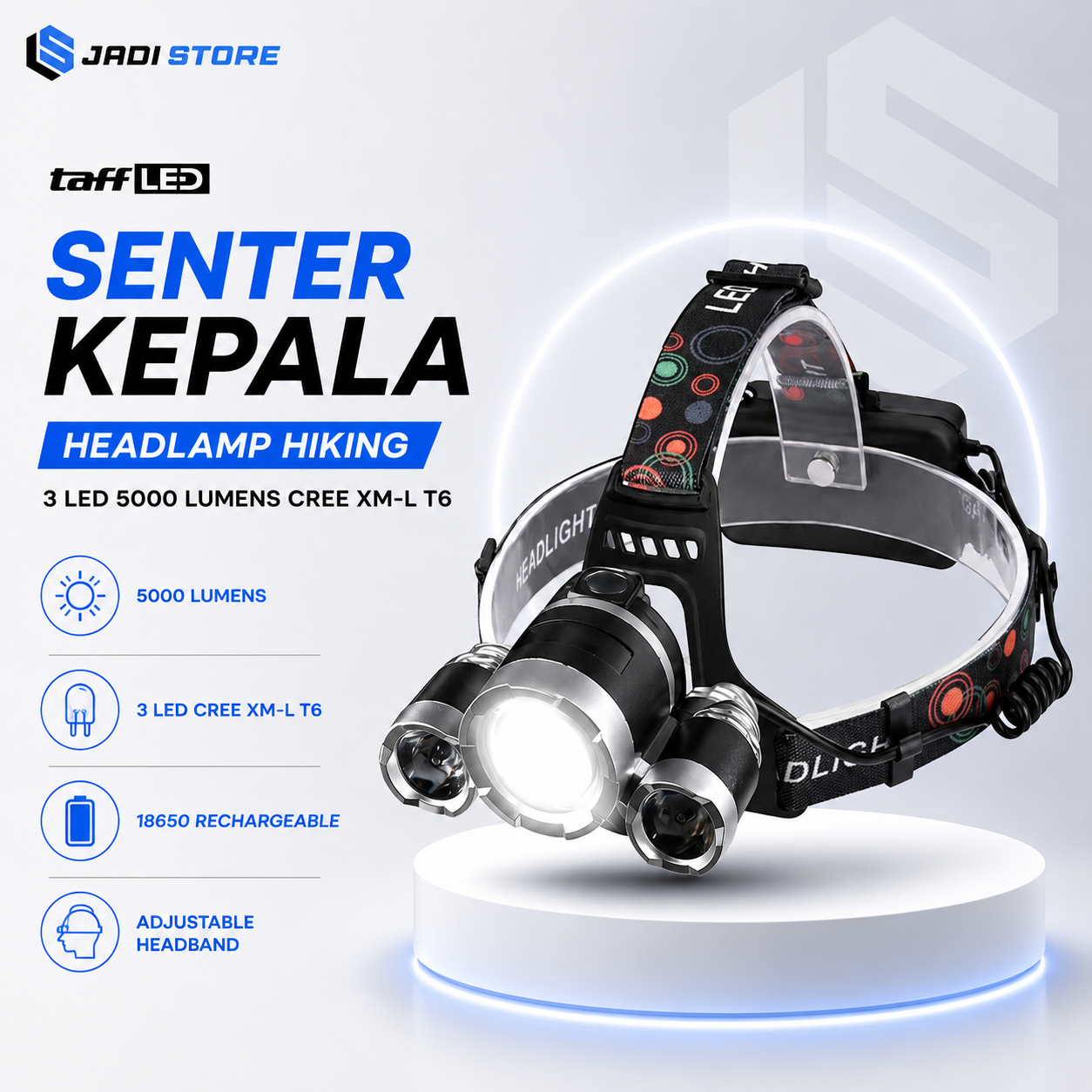 TaffLED Senter Kepala Headlamp Hiking 3 LED 5000 Lumens Cree XM-L T6 - HP05 - Black (Senter saja)