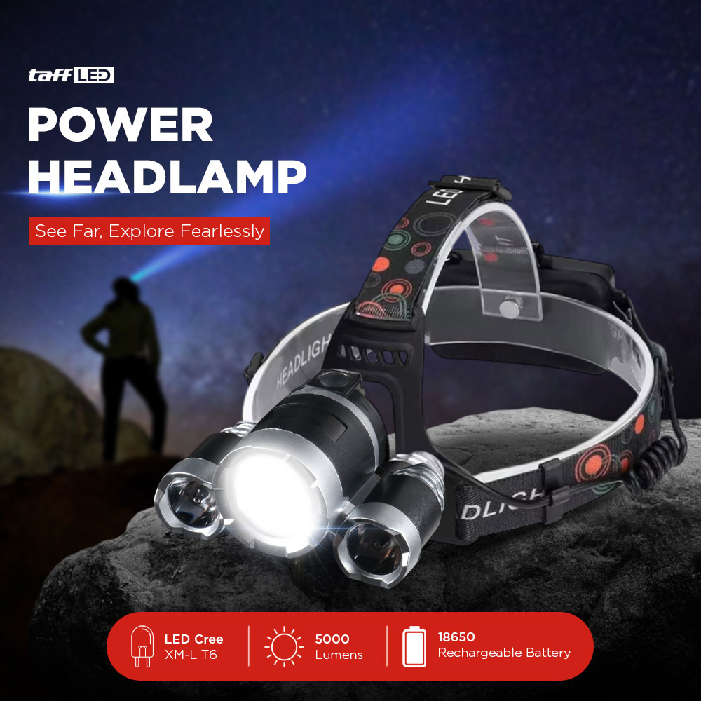 TaffLED Senter Kepala Headlamp Hiking 3 LED 5000 Lumens Cree XM-L T6 - HP05 - Black (Senter saja) - Gambar 2