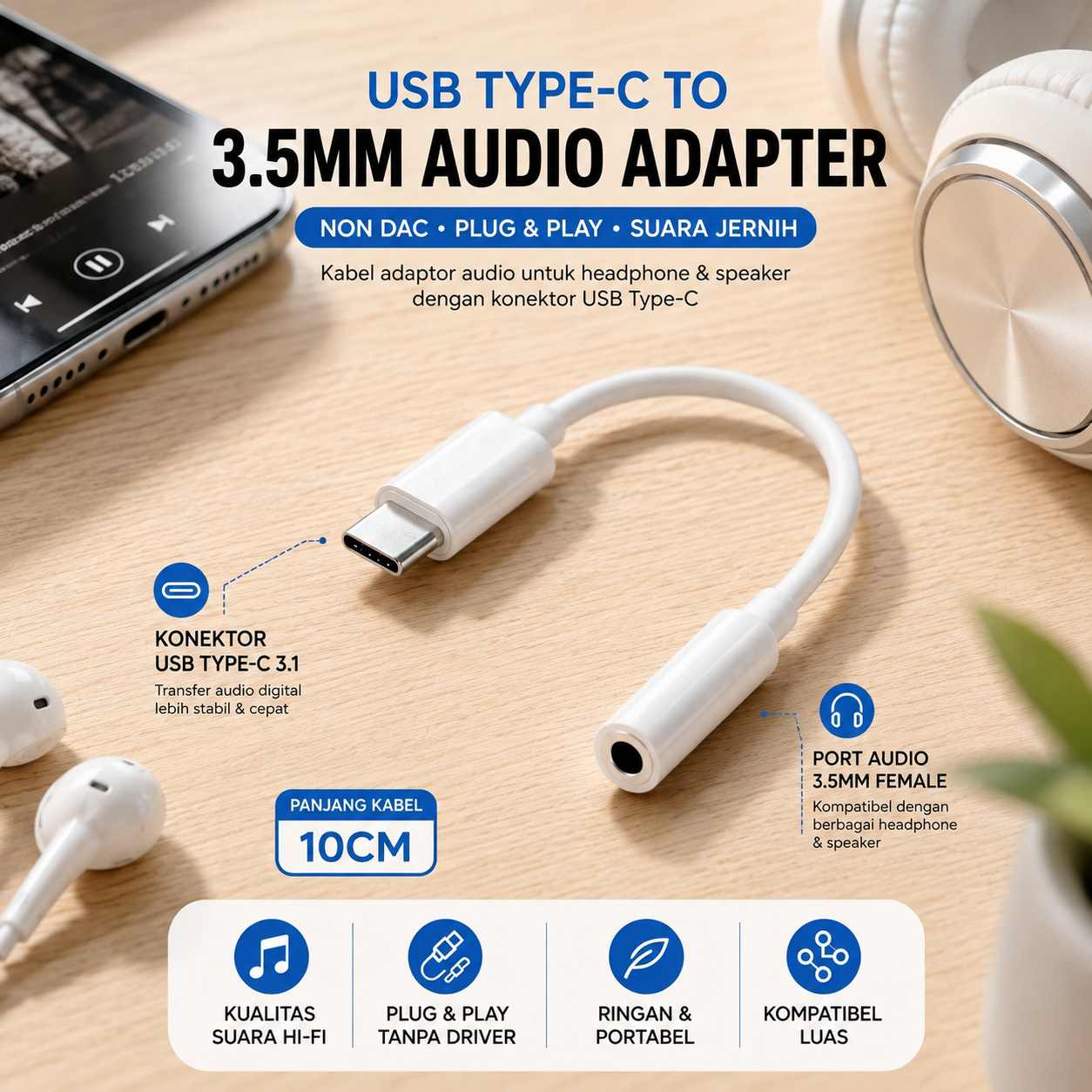 TaffSTUDIO L41 Kabel USB Type C to 3.5mm Audio Jack Converter 10cm AUX Adapter Female untuk HP Smartphone Laptop Earphone Headset Speaker Musik dan Panggilan, Kompatibel Perangkat USB-C yang Mendukung Audio - Gambar 4