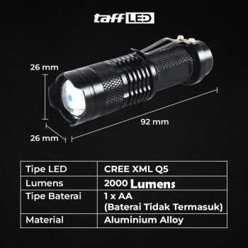 TaffLED Senter LED Flashlight 2000 Lumens Zoom Waterproof - Pocketman P1 - Black – Senter Mini LED Super Terang Pocketman P1 Waterproof Rechargeable Senter Outdoor Camping Hiking Portabel Kuat Tahan Air Lampu Saku Durable - Gambar 7