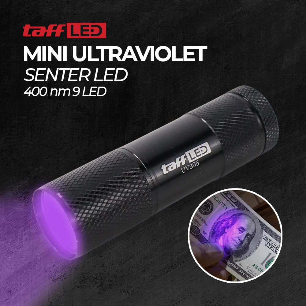 TaffLED Senter UV Ultraviolet 400nm 9 LED UV-395 Mini Flashlight Aluminium untuk Cek Keaslian Uang, Sidik Jari, Jejak dan Benda Samar, Senter UV Portable dengan 3 Baterai AAA untuk Pemeriksaan - Gambar 6