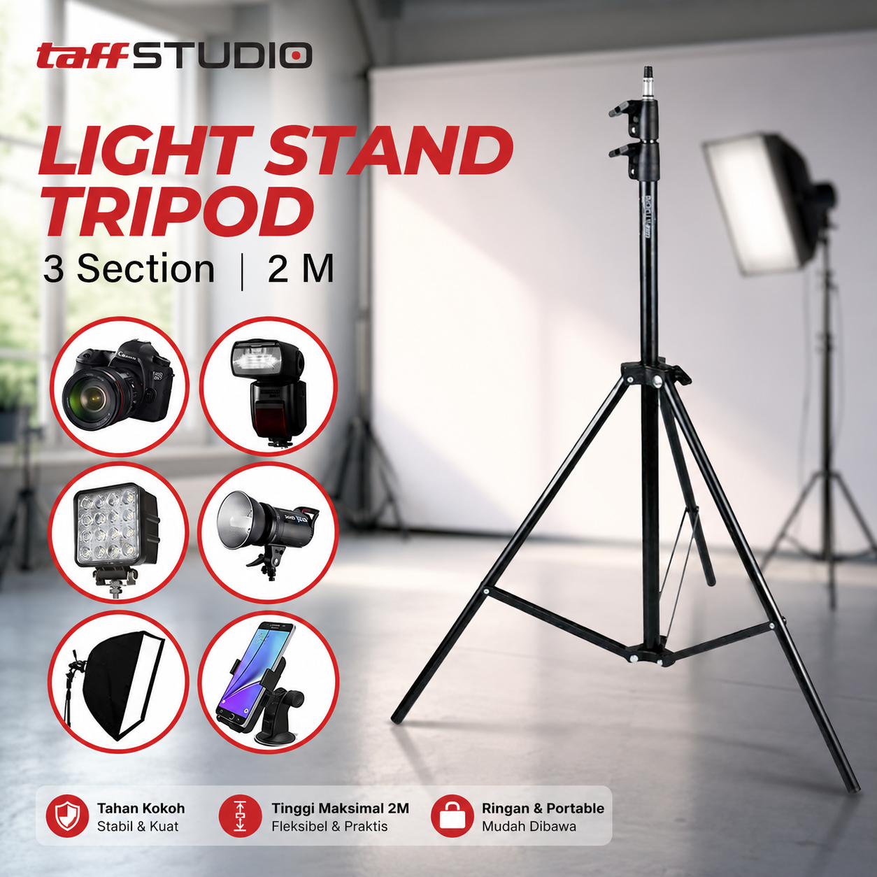 TaffSTUDIO SN303 Tripod Light Stand 3 Section Adjustable hingga 2M Portable Studio Lighting Stand Material Besi dengan Knob Lock Max Load 2.5kg Mount 1/4 Inch untuk Ring Light Lampu Studio Kamera DSLR Phone Holder Softbox Reflektor - Gambar 2