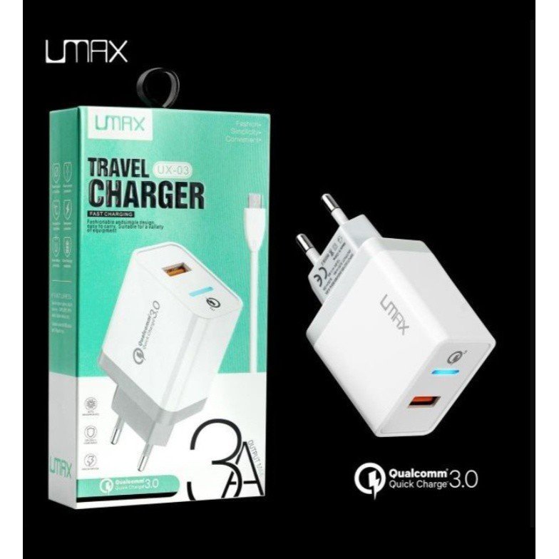 UMAX UX-03 Travel Charger Qualcomm Quick Charge 3.0 Fast Charging 3A 2 Port USB USB-C Charger Smartphone dan Tablet dengan Kabel USB to Type C Type-C High Efficiency Safe and Reliable Input AC 100V-240V - Gambar 3