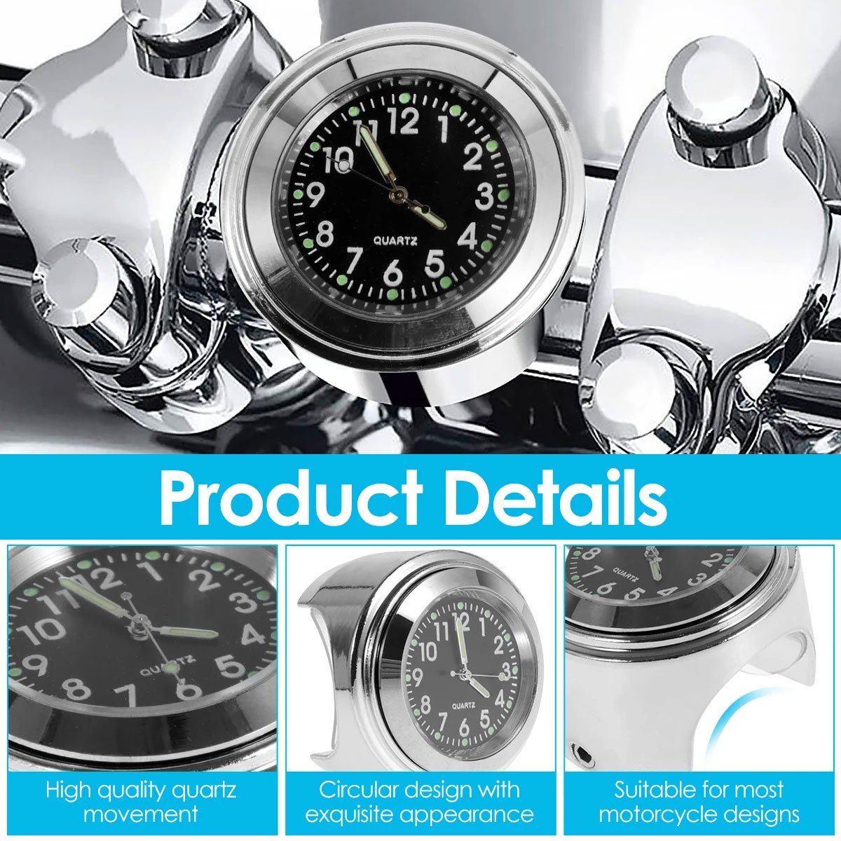 Jam Motor Handlebar Quartz Clock MT-WTCP Jam Stang Motor Aksesoris Setang Kendaraan Mini Zinc Alloy Silver untuk Kendaraan dengan Handlebar Mudah Dipasang Dilengkapi Screwdriver dan Screw - Gambar 7