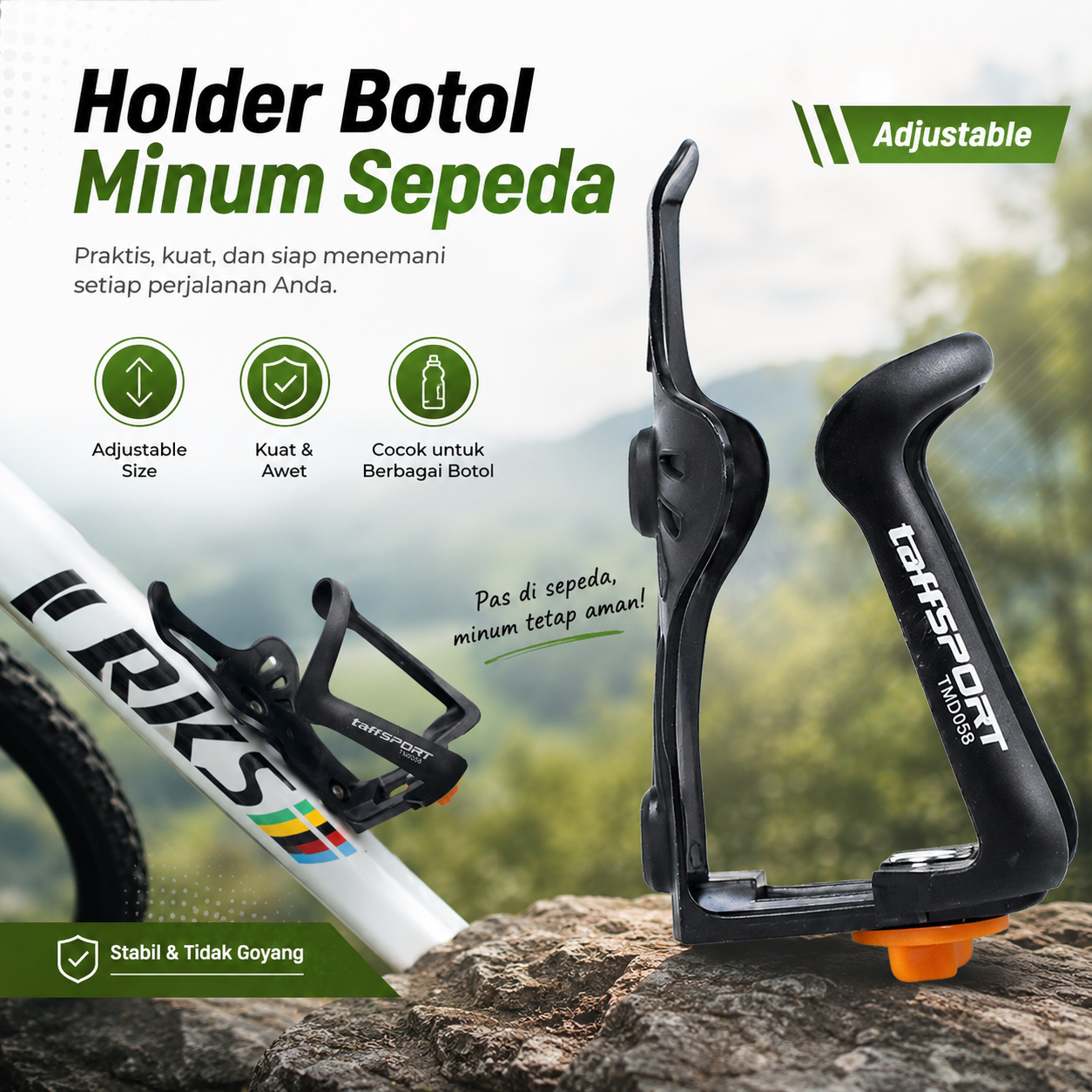 TaffSPORT Holder Botol Minum Sepeda MTB Adjustable TMD05B, Bottle Cage Bike Bracket Elastis untuk Botol Minum Berbagai Ukuran, Penahan Depan Anti Jatuh, Holder Kuat untuk Road Bike dan Mountain Bike - Gambar 4