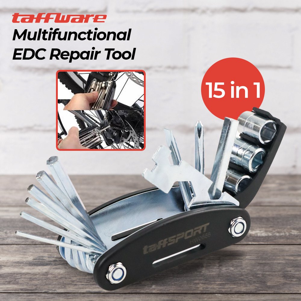 TaffSPORT Obeng 15in1 Multifunctional EDC Repair Tool HW0668, Multi Tool Stainless Steel Portable dengan Obeng Plus Minus, Kunci Pas, Socket Wrench dan Hex Wrench, Alat Reparasi Lipat untuk Outdoor - Gambar 4