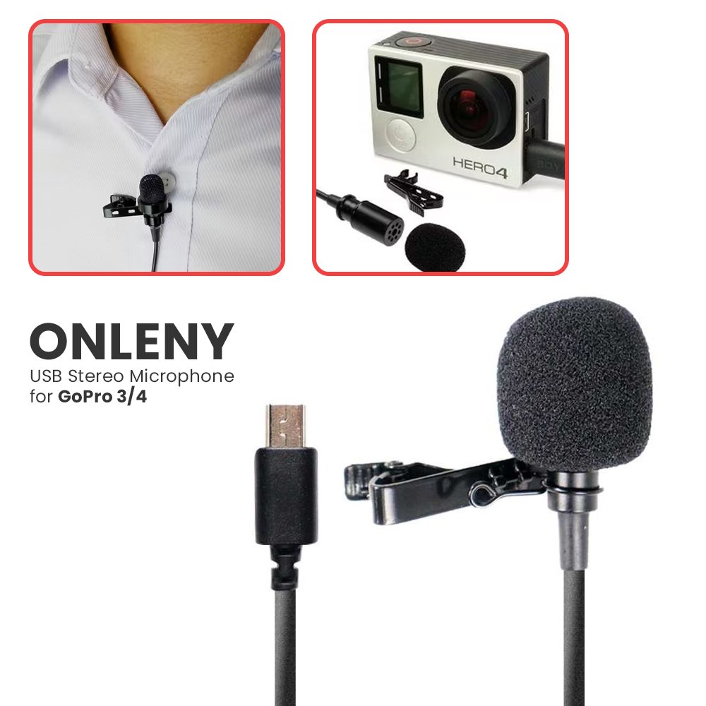 ONLENY Mic Eksternal USB Stereo untuk GoPro Hero 3/4 Mini USB 5 Pin Microphone Clip On Action Camera Portable Mikrofon Rekaman Audio Jernih untuk Vlog Video Podcast Konten Kamera Aksi DZ0288 Black - Gambar 9