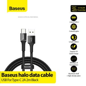 Baseus Halo Data Cable USB to Type C 2M 2A Fast Charging LED Nylon Braided Kabel Charger Data - Gambar 7