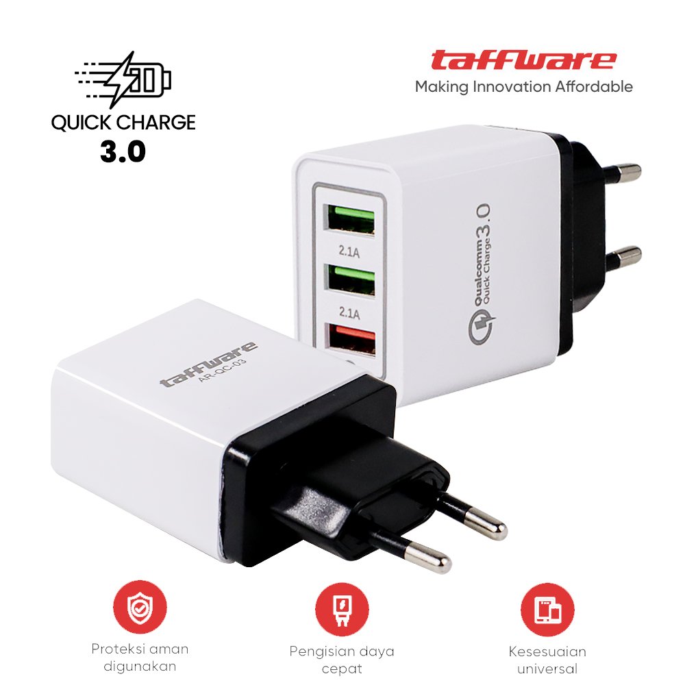 Taffware Kepala Charger Fast Charging QC 3.0 USB 3 Port AR-QC-03 Black Batok Charger Qualcomm Quick Charge 18W EU Plug untuk HP Smartphone Tablet dan Perangkat USB Output 4.8A Aman Anti Arus Pendek - Gambar 5