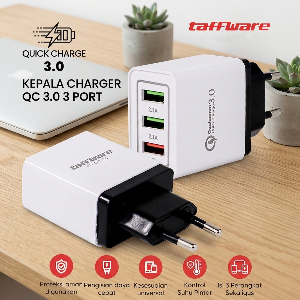 Taffware Kepala Charger Fast Charging QC 3.0 USB 3 Port AR-QC-03 Black Batok Charger Qualcomm Quick Charge 18W EU Plug untuk HP Smartphone Tablet dan Perangkat USB Output 4.8A Aman Anti Arus Pendek - Gambar 6