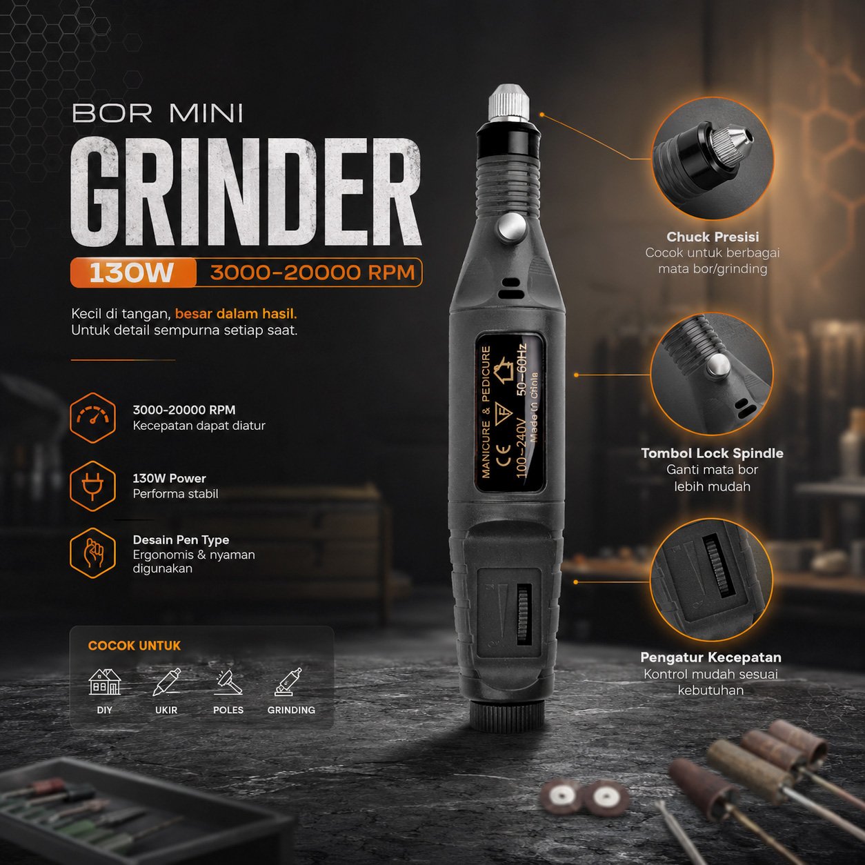 XINGWEIQIANG Bor Mini Grinder 130W KJ005 Electric Drill Adjustable 3000-20000 RPM untuk Polishing, Grinding, Deburring, Ukir Kayu, Amplas dan Kerajinan DIY dengan Set Mata Poles Lengkap - Gambar 2