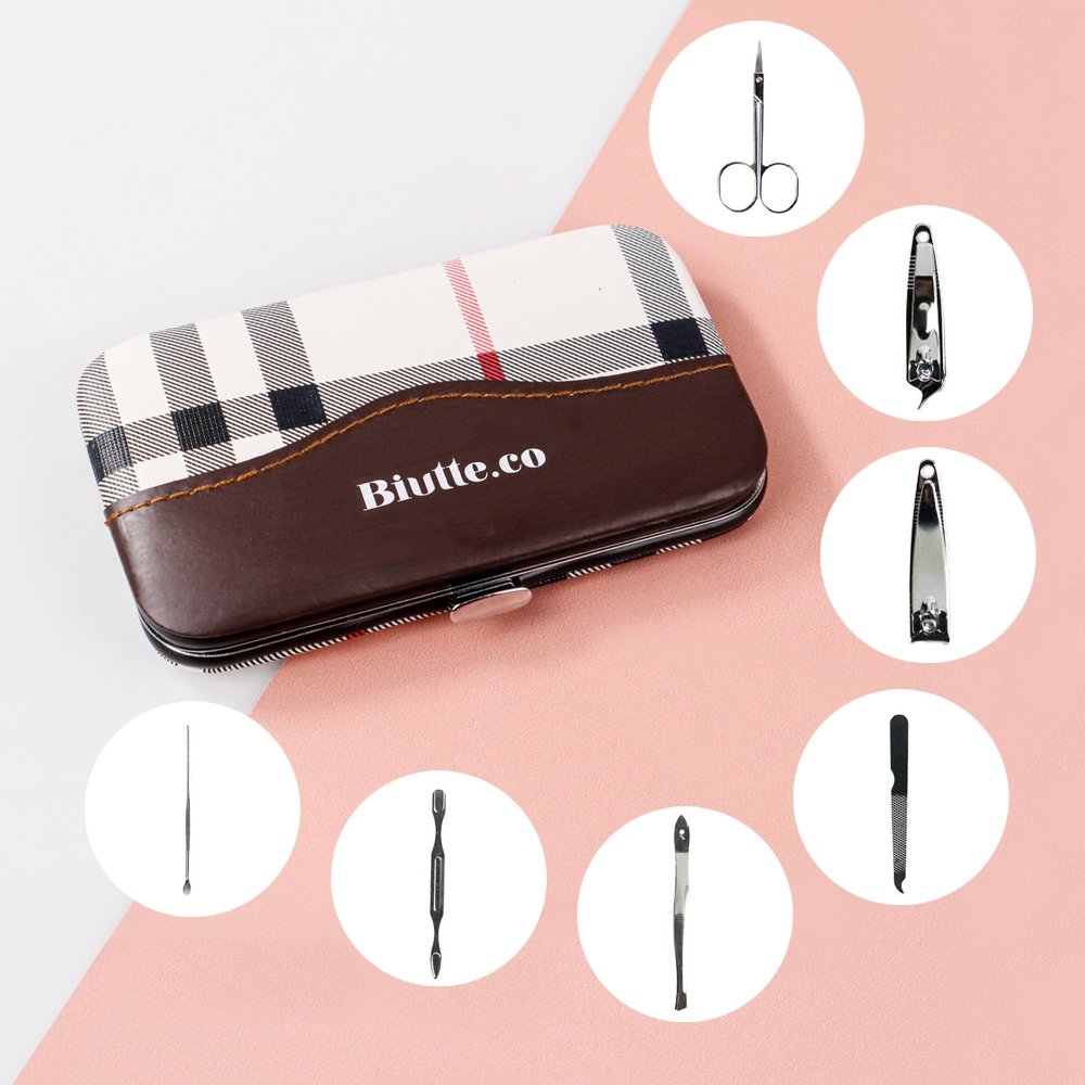 Biutte.co LA1-9 1 Set Manicure Pedicure 7 PCS Stainless Steel Alat Perawatan Kuku Telinga dan Alis Gunting Kuku Pinset Kikir Korekan Kuping Dilengkapi Case Penyimpanan Ringkas untuk Dibawa Bepergian - Gambar 9