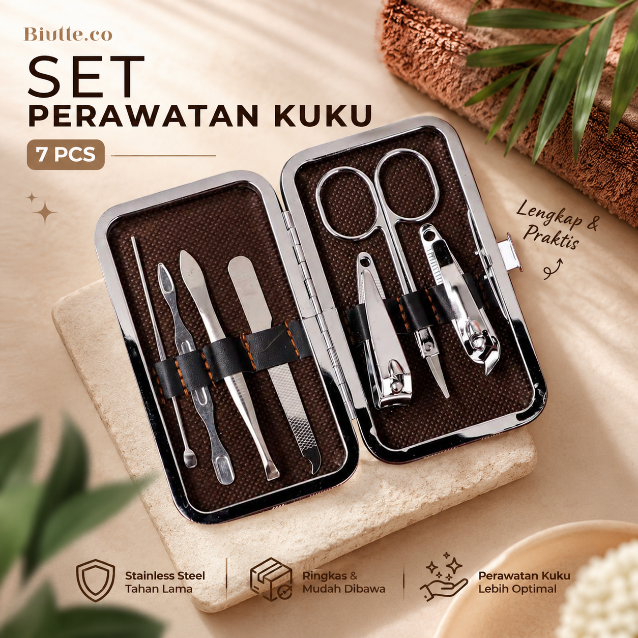 Biutte.co LA1-9 1 Set Manicure Pedicure 7 PCS Stainless Steel Alat Perawatan Kuku Telinga dan Alis Gunting Kuku Pinset Kikir Korekan Kuping Dilengkapi Case Penyimpanan Ringkas untuk Dibawa Bepergian - Gambar 6