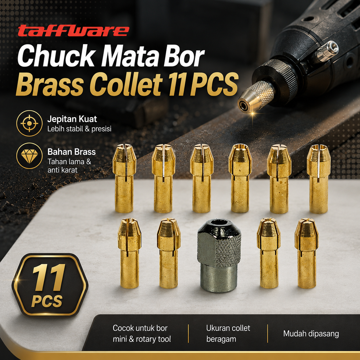 Taffware Chuck Mata Bor Mini DMPJ-31 Brass Collet 11 PCS Kuningan Konektor Gerinda Mini Drill Chuck Penjepit Mata Bor Shank 5mm Panjang 17mm Ukuran 0.5-3.2mm Untuk Rotary Tool Mesin Untuk Pemakaian - Gambar 6