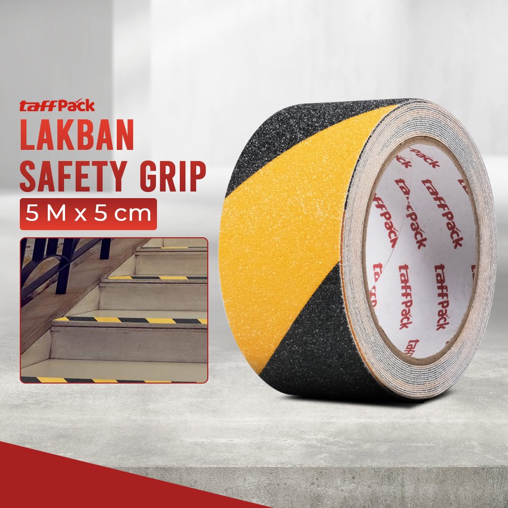 TaffPACK Lakban Anti Slip Safety Grip Hitam Kuning 5cm x 5m 0.65mm Strong Traction PVC Silica Sand Tape untuk Tangga Lantai Garasi Pegangan Rumah Area Kerja dan Aksesoris Sport Anti Licin - Gambar 2