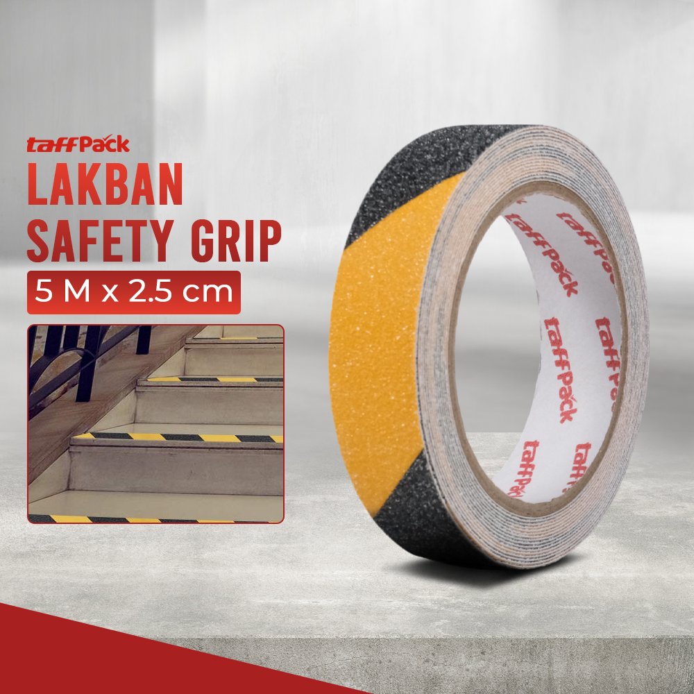 TaffPACK Lakban Tape Safety Grip Anti Slip 5Mx2.5cm 0.65mm Lakban Anti Slip PVC Pasir Silika Strong Traction Perekat Kuat Tahan Air dan Minyak Safety Tape Tangga Lantai Industrial Gudang Garasi Area Kerja Warning Tape Hitam Kuning - Gambar 2