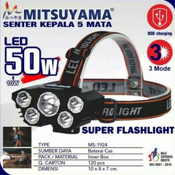 Senter Kepala Mitsuyama MS-1924 Senter Kepala Super Terang Senter Kepala LED Senter Kepala 5 LED Senter Kepala 5 Lampu Senter Kepala 50 watt Senter Kepala 50 watt Cahaya Putih Senter Kepala 50 wat Senter Kepala 5 LED Mitsuyama MS1924 MS 1924