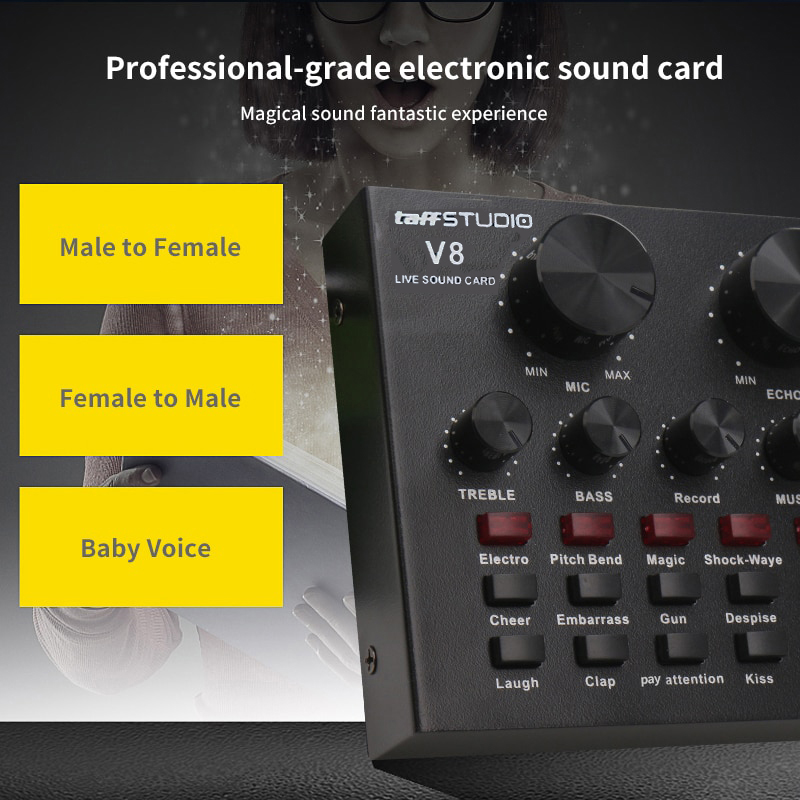 TaffSTUDIO V8 Sound Card Bluetooth USB External Audio Black - Soundcard Mixer Live Broadcast Streaming Podcast Karaoke Microphone Mic Headset untuk Smartphone PC Laptop YouTube Twitch Efek Suara Echo Treble Bass Record Music Monitor Baterai 500mAh - Gambar 4