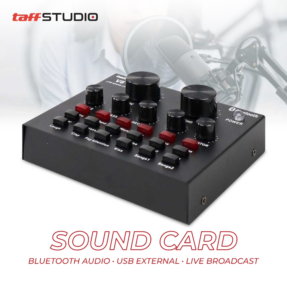 TaffSTUDIO V8 Sound Card Bluetooth USB External Audio Black - Soundcard Mixer Live Broadcast Streaming Podcast Karaoke Microphone Mic Headset untuk Smartphone PC Laptop YouTube Twitch Efek Suara Echo Treble Bass Record Music Monitor Baterai 500mAh - Gambar 7