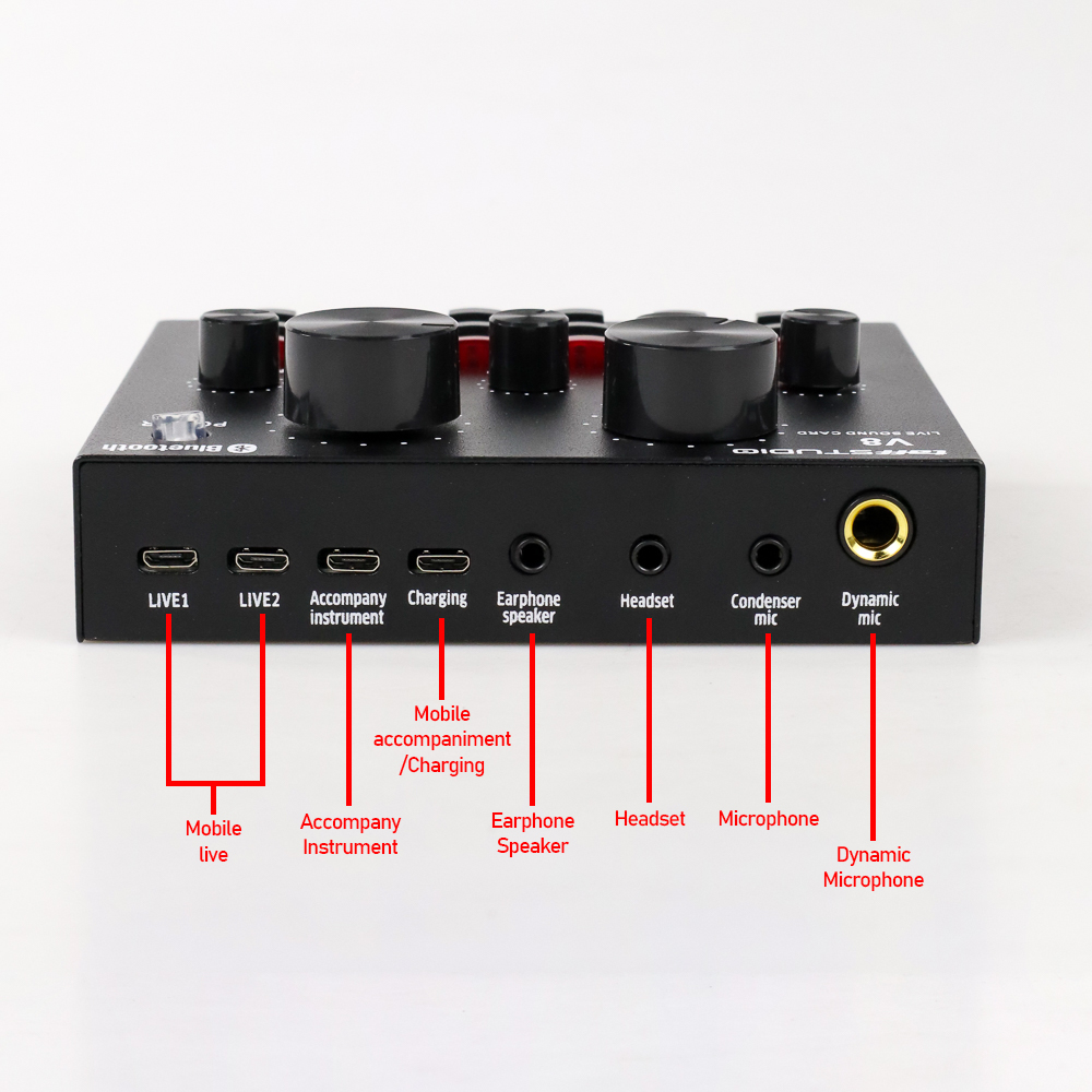 TaffSTUDIO V8 Sound Card Bluetooth USB External Audio Black - Soundcard Mixer Live Broadcast Streaming Podcast Karaoke Microphone Mic Headset untuk Smartphone PC Laptop YouTube Twitch Efek Suara Echo Treble Bass Record Music Monitor Baterai 500mAh - Gambar 6