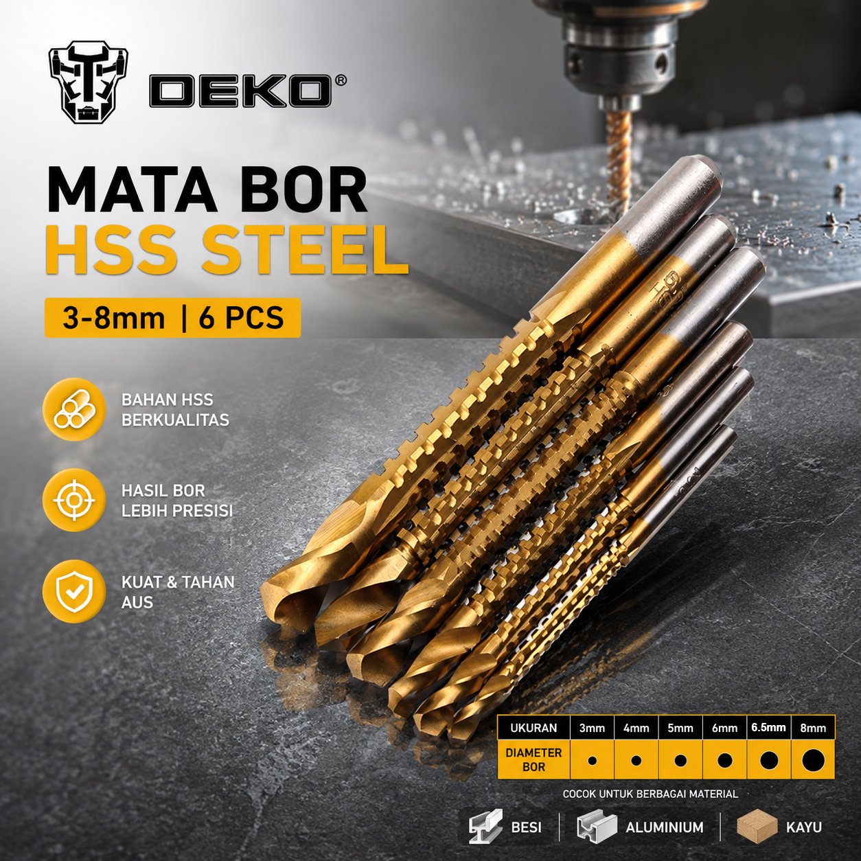 DEKO DW1369 Mata Bor Power Drill HSS Steel Titanium 6 PCS Set Drill Bit 3mm 4mm 5mm 6mm 6.5mm 8mm untuk Mesin Bor Kayu Plastik Besi Metal Tembok Pekerjaan Rumah Bengkel Multifungsi - Gambar 7