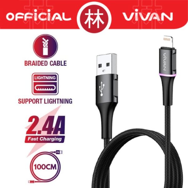 Kabel Lightning Vivan VDL100 Quick Charge 100cm Kabel USB Iphone Vivan Fast Charging Original Ori 2.4a Led Light Cable Data 1M VDL 100