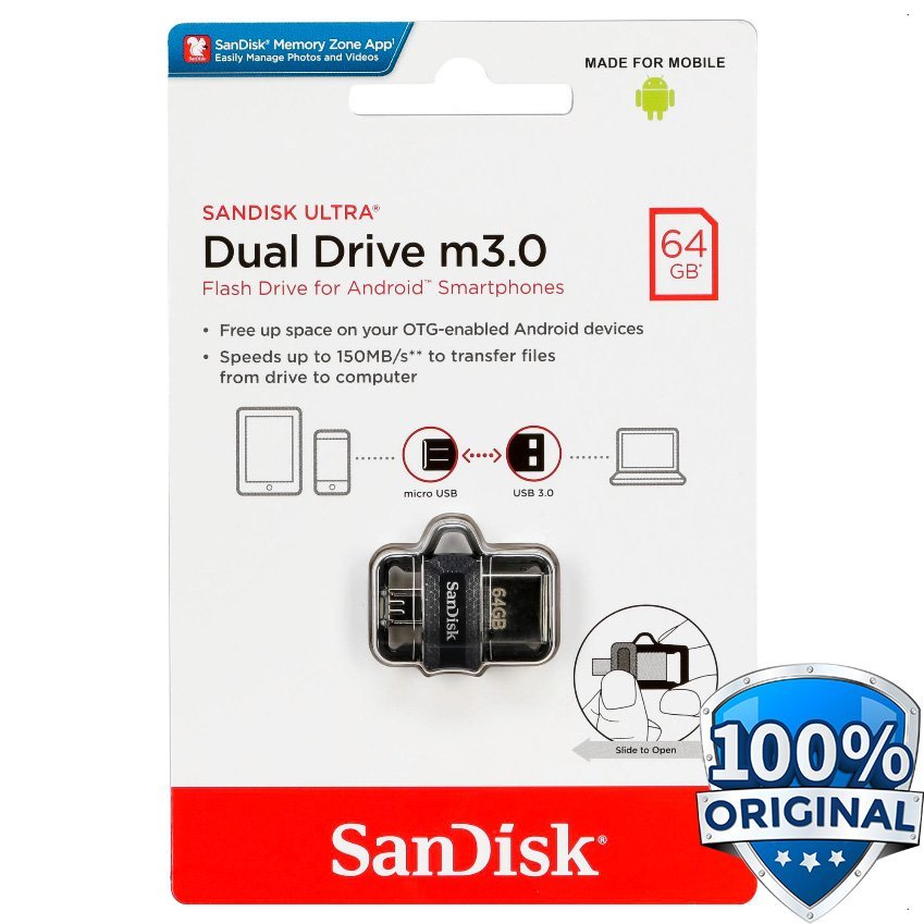 SanDisk Ultra Dual OTG 64GB USB Flash Drive USB 3.0 Micro USB Flashdisk Dual Connector untuk Smartphone Android Tablet PC Laptop dan Mac dengan Kecepatan Transfer hingga 130MB/s SanDisk Memory Zone Plug and Play - Gambar 2