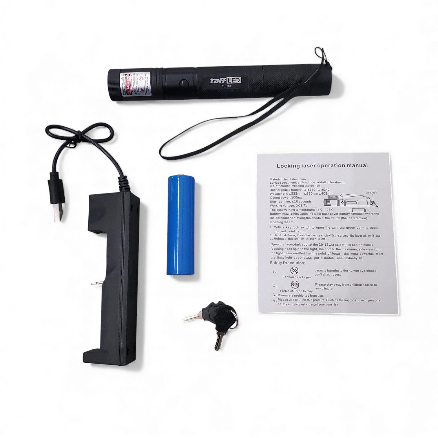TaffLED YL-301 Laser Pointer Hijau Green Beam 532nm 1mW dengan Baterai 18650 4800mAh Charger Kunci Pengaman untuk Presentasi Meeting Penunjuk Jarak Jauh Material Aluminium Lanyard - Gambar 6