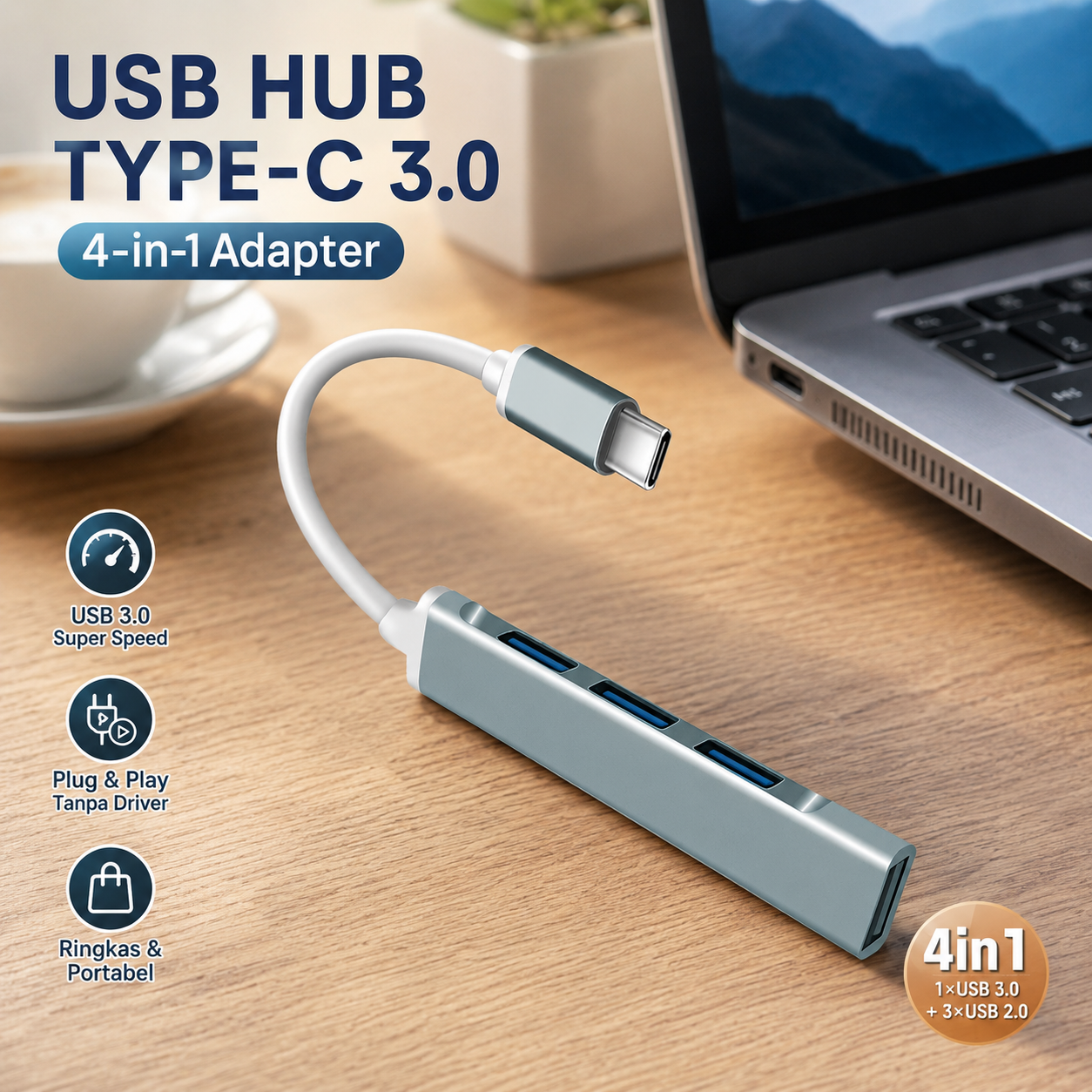 Taffware HUB Type C C809 4in1 Adapter 4 Port USB 3.0 5Gbps dan USB 2.0 Untuk Laptop MacBook HP Handphone Komputer, Aluminium Plug and Play Tanpa Driver, 1 Port 3.0 + 3 Port 2.0 Kabel 10cm - Gambar 6
