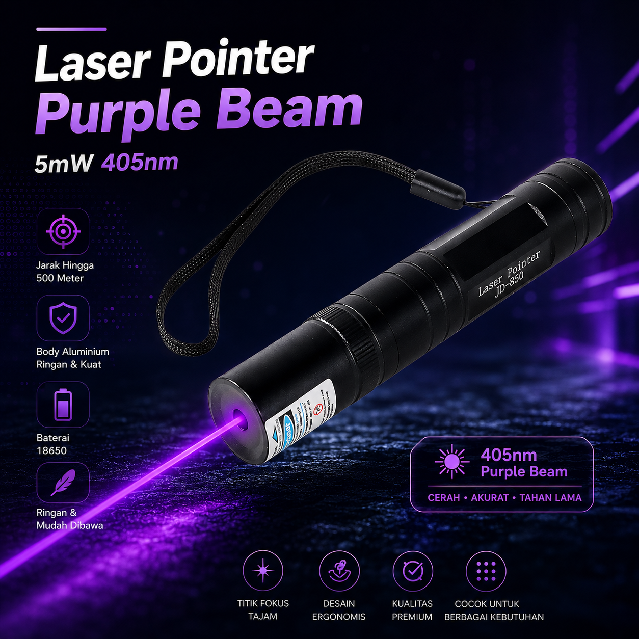UltraLaser Laser Pointer Ungu 5mW 405nm JD-850 Penunjuk Presentasi Purple Beam Laser UV Ultraviolet Jarak Jauh hingga 200 Meter Bodi Aluminium dengan Baterai 16340 dan Charger untuk Meeting Outdoor - Gambar 7
