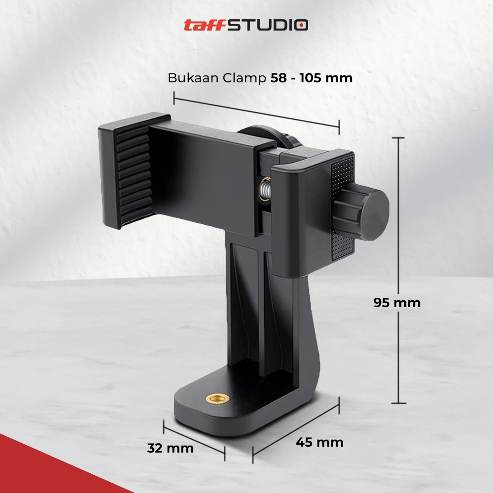 TaffSTUDIO C4 Holder HP Smartphone Clamp Universal 1/4 Inch Screw Mount untuk Tripod Tongsis Monopod, Bracket Penjepit Ponsel 58-105mm, Bisa Putar 360 Derajat Portrait Landscape, Pad Karet Anti Gores - Gambar 9