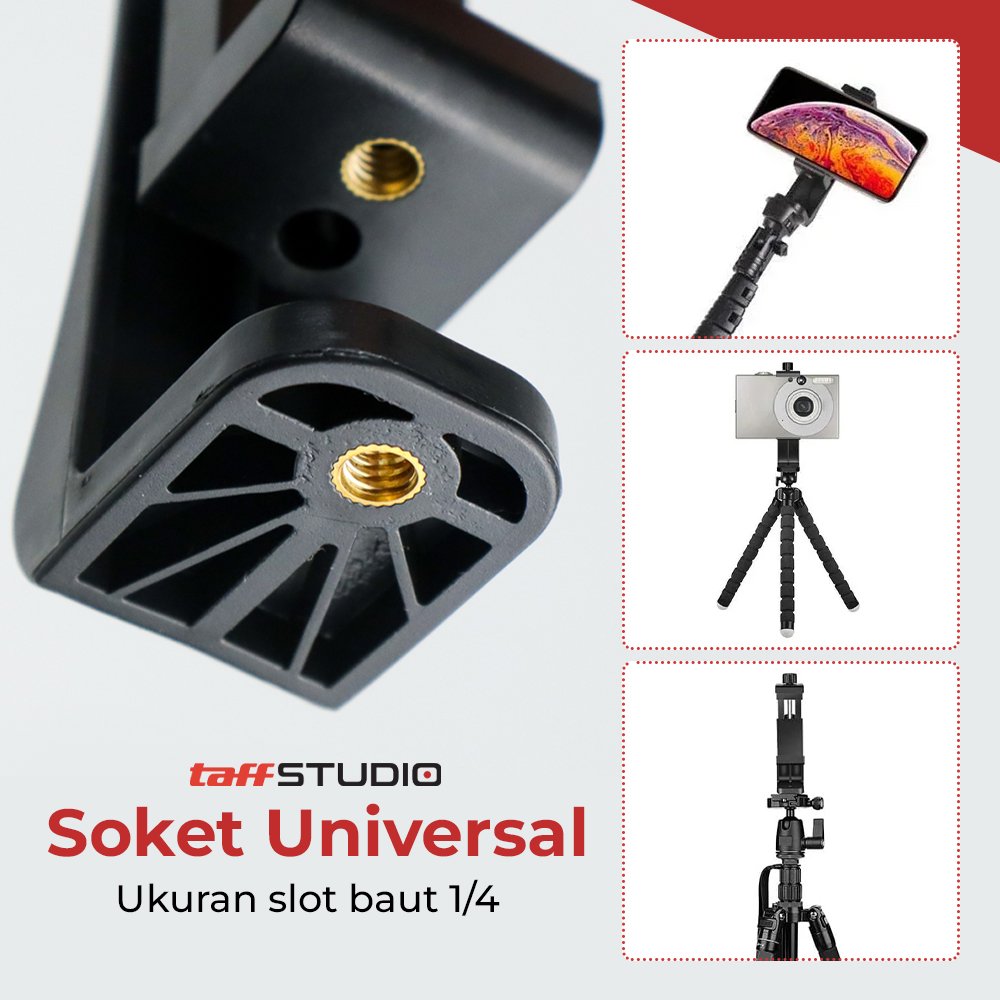 TaffSTUDIO C4 Holder HP Smartphone Clamp Universal 1/4 Inch Screw Mount untuk Tripod Tongsis Monopod, Bracket Penjepit Ponsel 58-105mm, Bisa Putar 360 Derajat Portrait Landscape, Pad Karet Anti Gores - Gambar 8
