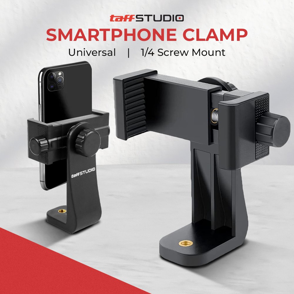 TaffSTUDIO C4 Holder HP Smartphone Clamp Universal 1/4 Inch Screw Mount untuk Tripod Tongsis Monopod, Bracket Penjepit Ponsel 58-105mm, Bisa Putar 360 Derajat Portrait Landscape, Pad Karet Anti Gores - Gambar 2