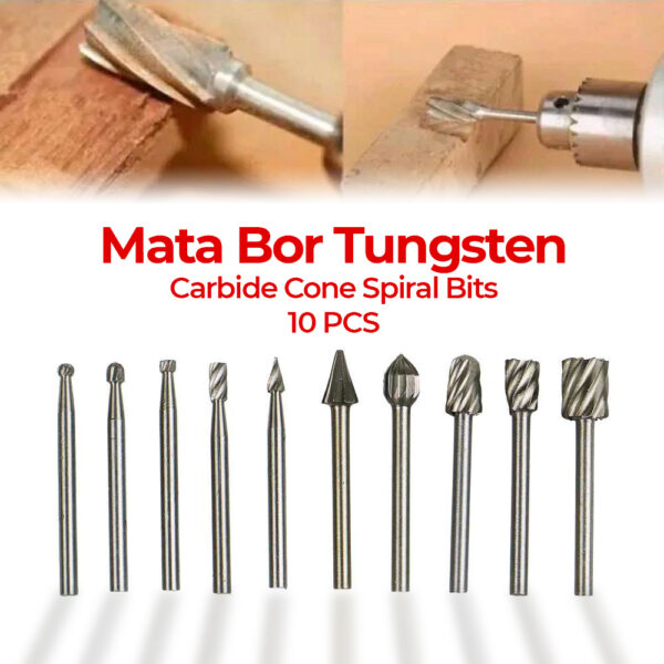 Mata Bor Tuner Tunner Cuner Cunner Porting Kikis Besi Grafir Set Mata Bor Tungsten Carbide Cone Spiral Bor Tuner Craft Ukir Kikir Kayu Bits 10 PCS