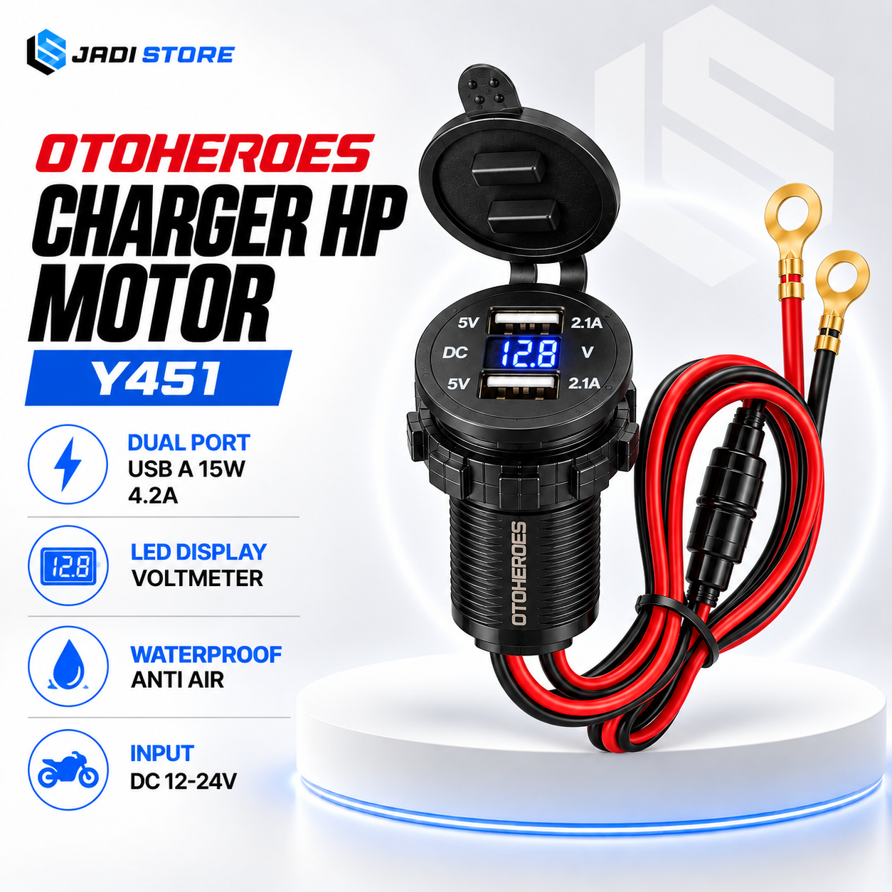 OTOHEROES Y451 Charger HP Motor Dual Port USB A 15W 4.2A 12-24V Waterproof Black dengan LED Display Voltmeter Charger USB Motor 2 Port Pengisi Daya Smartphone Anti Air Charger Aki Motor untuk Perjalanan - Gambar 2