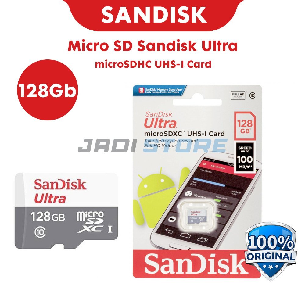 Sandisk 128GB Memory Memori Micro SD MicroSD SanDisk Ultra 128GB 80MB/s microSDHC UHS-I Class 10 No Adapter Memory Memori SanDisk Ultra microSDHC/SDXC UHS-I Class 10 100MB/s SDSQUNR Kartu Memori HP Android Tablet Speaker MP3 Konsol Game Original - Gambar 2