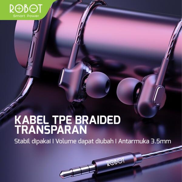 Headset Robot Kabel Transparan RE30 Handsfree Earphone Robot Jack 3.5mm Original Bass New Model Wired Earphone Bass Smartphone Original - Gambar 4
