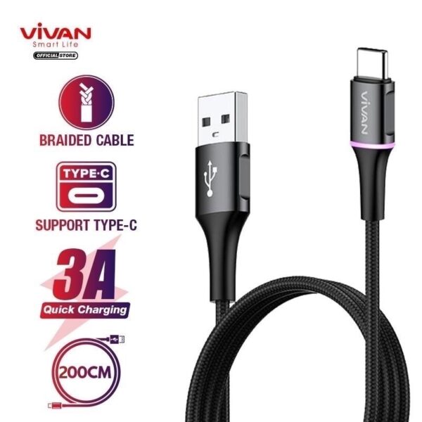 Kabel Vivan VDC200 Kabel Vivan 2 Meter 2m 2 m Type C Kabel Vivan Android Kabel Vivan Fast Charging Kabel Vivan Original VIVAN Kabel Type C Android 3A LED Light Quick Charge 200CM VDM200 Quick Charge