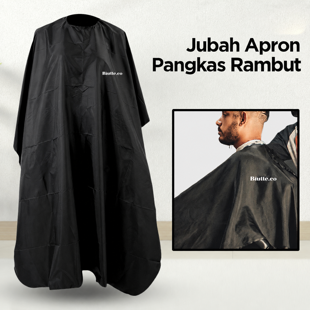 Biutte.co Jubah Apron Kip Pangkas Rambut WB03 Black Salon Barbershop Cape Nylon untuk Potong Rambut Dewasa Pelindung Pakaian dari Rambut dan Cipratan Air dengan Karet Leher Mudah Dicuci Ukuran 140x113cm - Gambar 3