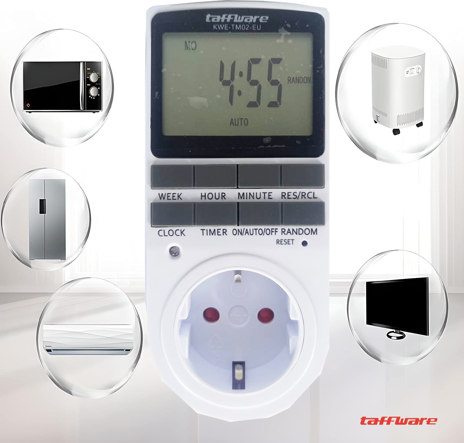 Taffware KWE-TM02-EU Stop Kontak Timer Digital Programmable 10 Program EU Plug 16A 230V LCD Otomatis On Off untuk Lampu Charger Pompa Air dan Peralatan Elektronik Rumah dengan Pengaturan Menit Jam Minggu - Gambar 10