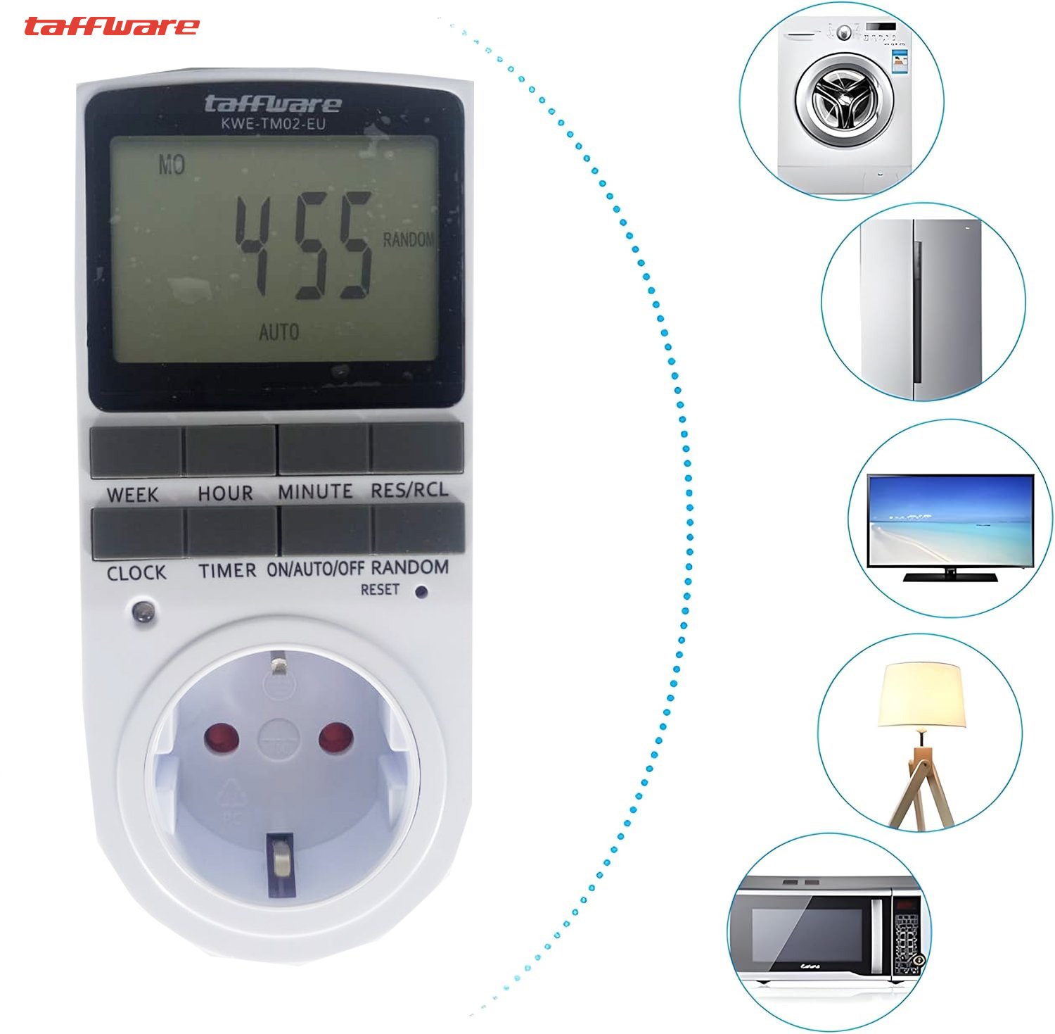 Taffware KWE-TM02-EU Stop Kontak Timer Digital Programmable 10 Program EU Plug 16A 230V LCD Otomatis On Off untuk Lampu Charger Pompa Air dan Peralatan Elektronik Rumah dengan Pengaturan Menit Jam Minggu - Gambar 8
