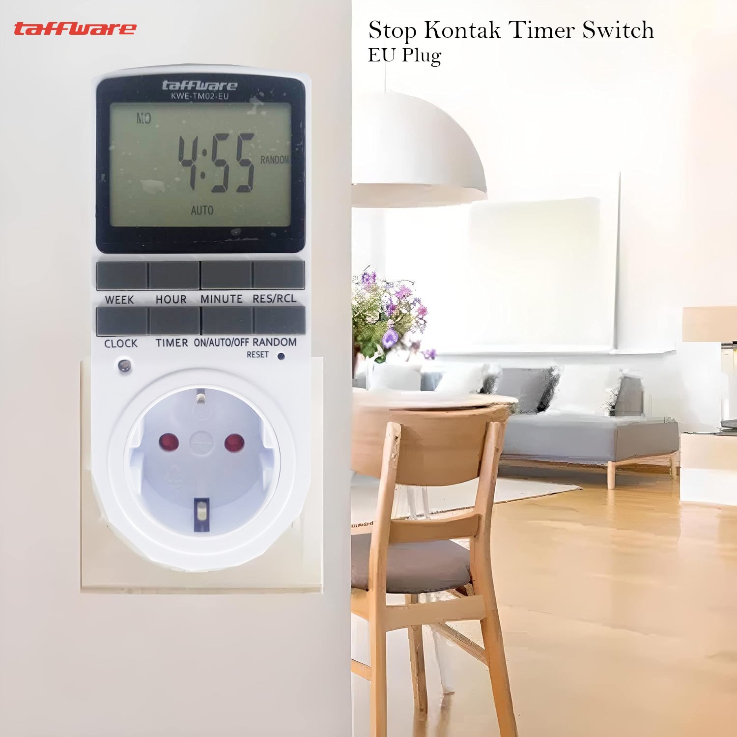 Taffware KWE-TM02-EU Stop Kontak Timer Digital Programmable 10 Program EU Plug 16A 230V LCD Otomatis On Off untuk Lampu Charger Pompa Air dan Peralatan Elektronik Rumah dengan Pengaturan Menit Jam Minggu - Gambar 7