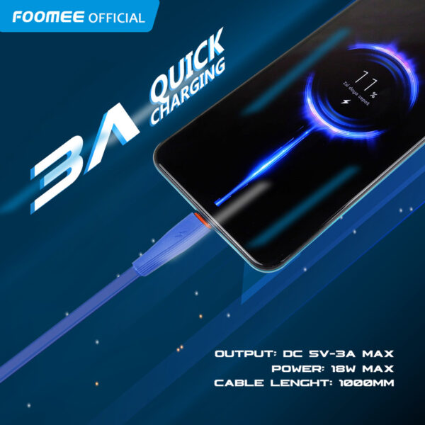 Type C FOOMEE FD100-C Kabel Charger Kabel Data Micro Flat Cable Data USB Type Lightning Iphone 3A Fast Charging Quick Charge Panjang 1 Meter - Gambar 3