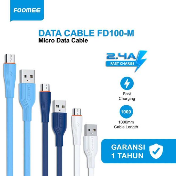 Micro USB FOOMEE FD100-M Kabel Charger Kabel Data Micro Flat Cable Data USB Type Lightning Iphone 2.4A Fast Charging Panjang 1 Meter